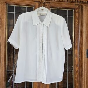 Vintage Christie & Jill White Blouse  Size 12 Pintuck Front Beaded Collar H